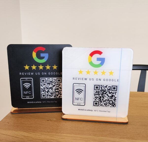 NFC + QR Google review stands
