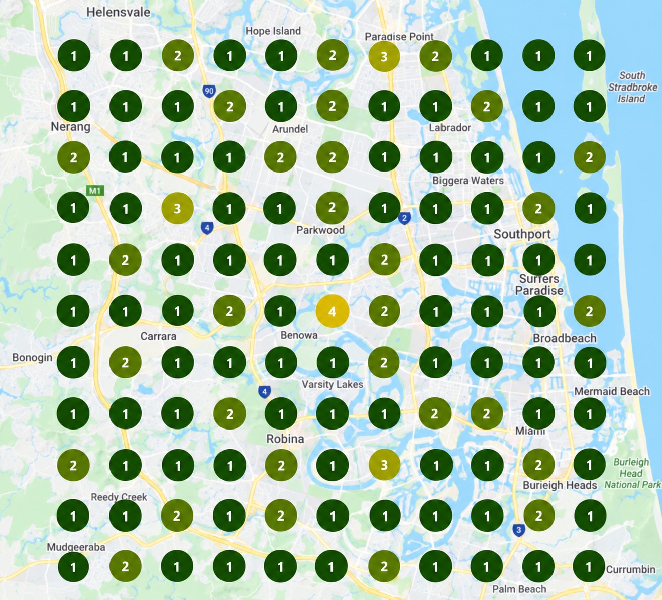 Local Falcon style grid report tracking a business's visibility across local search