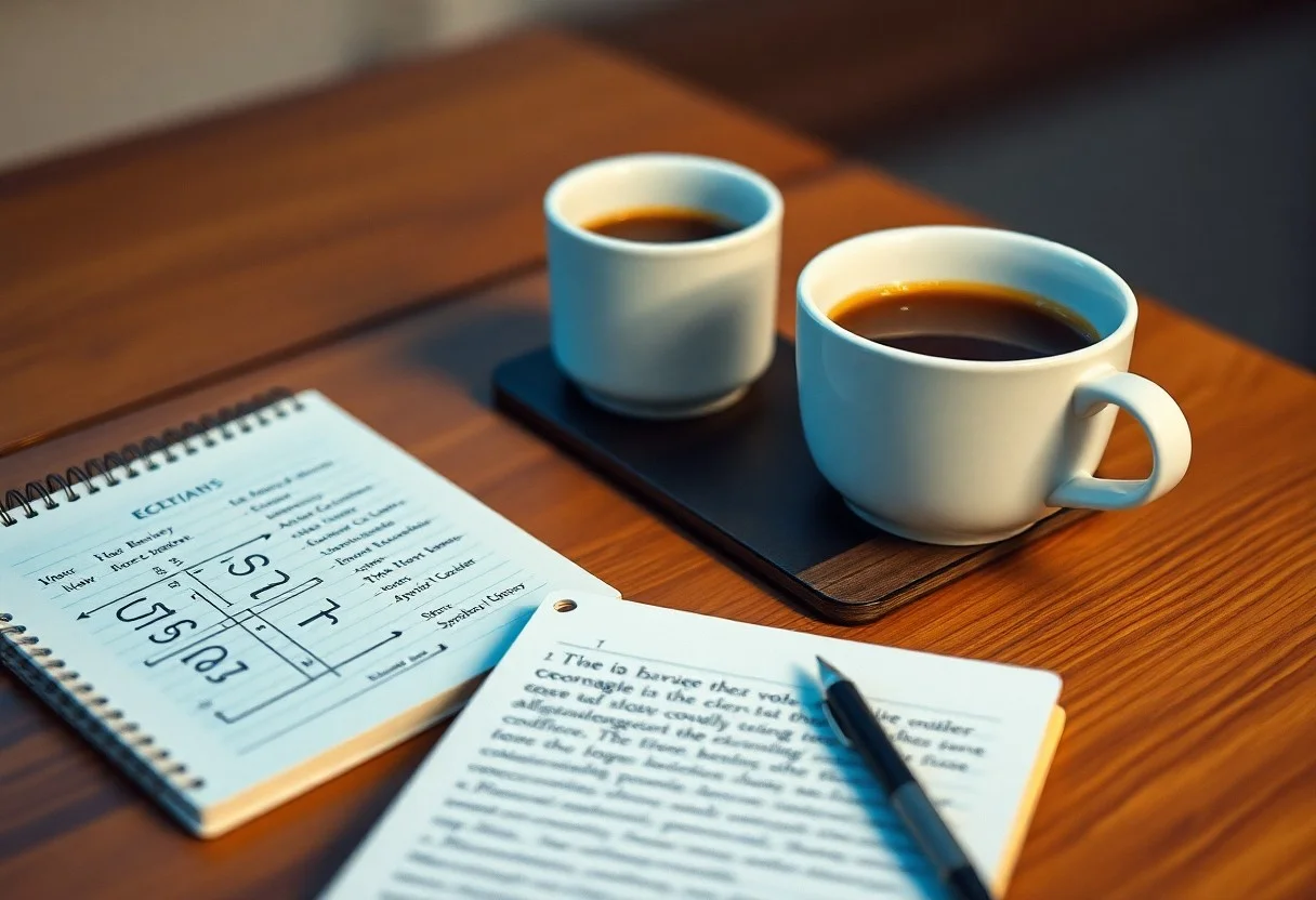 Notebook, pen, and coffee cups on table