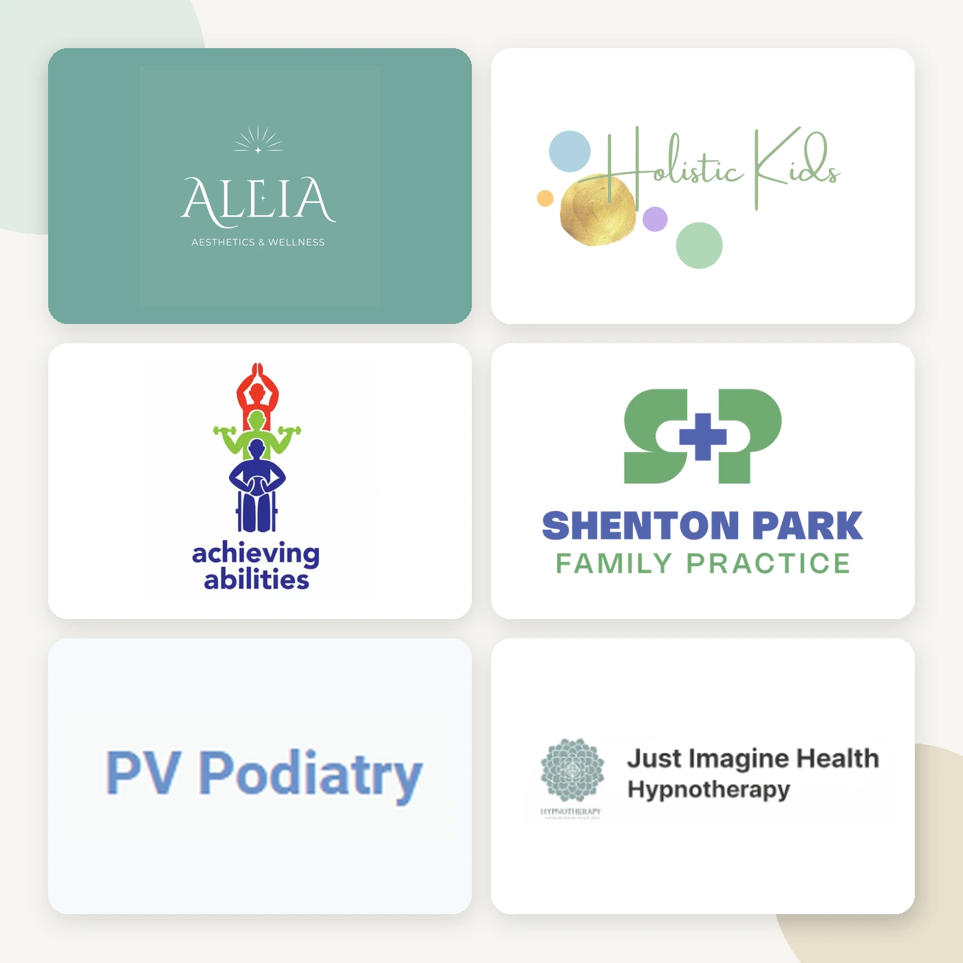 WithEric'sHelp brand board featuring Aleia Aesthetics & Wellness, Holistic Kids, Achieving Abilities, Shenton Park Family Practice, PV Podiatry and Just Imagine Health Hypnotherapy logos